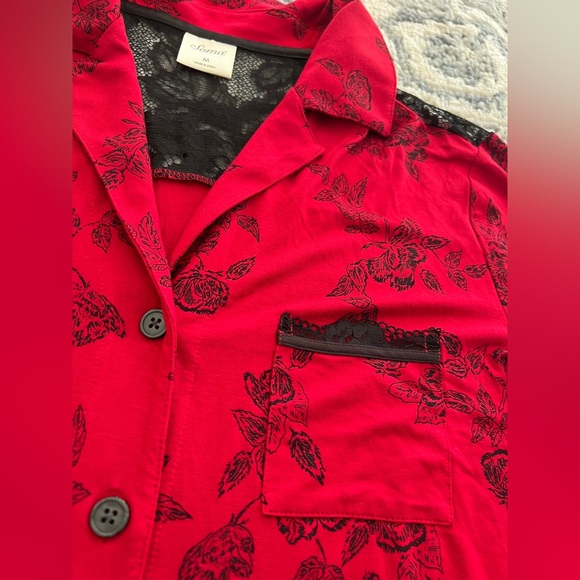 NEW Soma Cool Night Lace Trim Pajama Top Button Down Shirt Red Black Rose Floral - Picture 3 of 6
